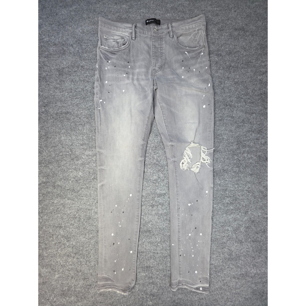 Purple Brand Jeans Men's 32 Gray Paint Splatter Distressed Slim Fit Button Fly